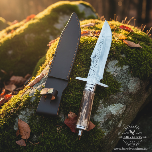 Stag antler handle Bowie knife resting on mossy rocks in outdoor forest setting with dark black leather sheath golden sunlight