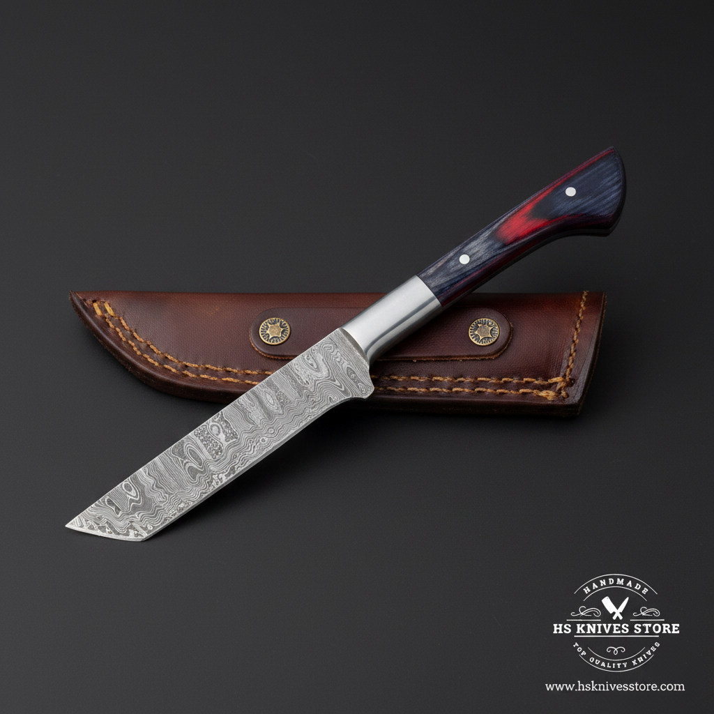 Damascus tanto cleaver knife with blue red pakkawood handle steel bolster and brown leather sheath studio mirror view facing left