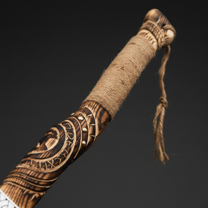 Close-up macro of carved wooden handle with intricate Norse engravings and jute hemp rope wrap with hanging tassel