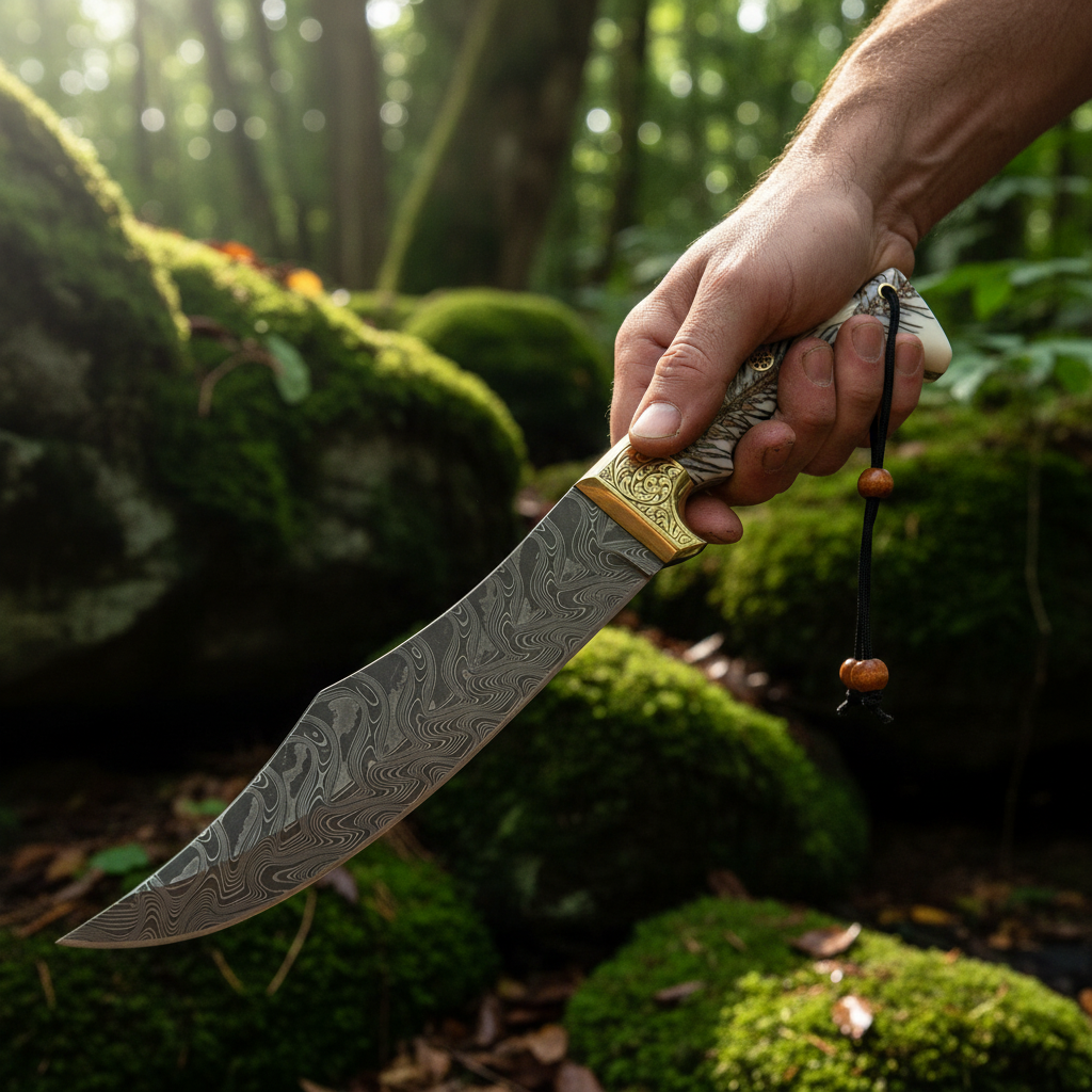 Hands holding Damascus Bowie knife with engraved resin handle in outdoor forest setting