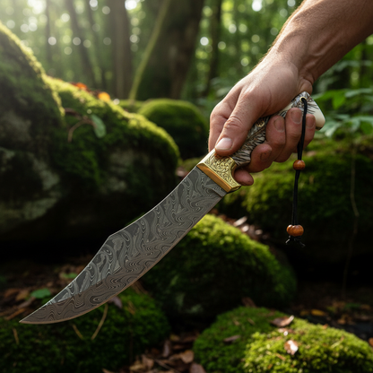 Hands holding Damascus Bowie knife with engraved resin handle in outdoor forest setting