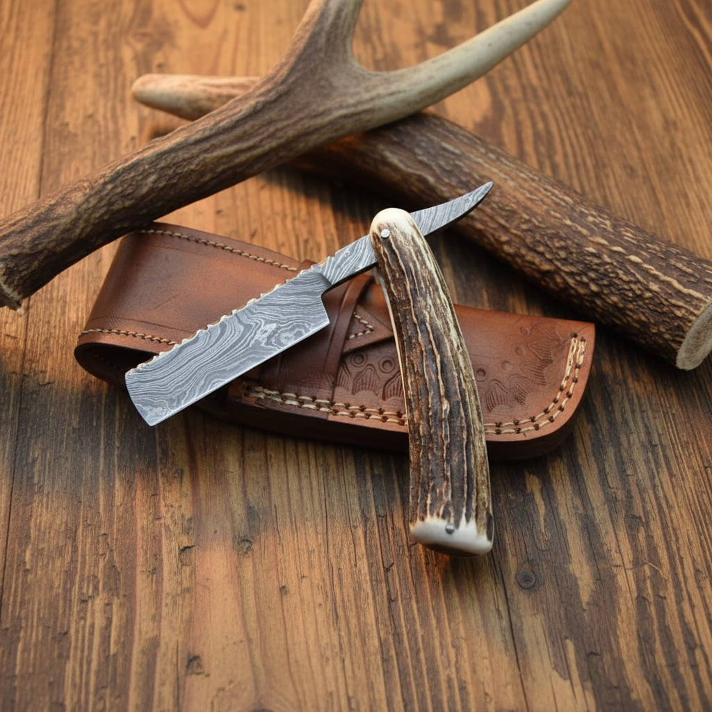 Damascus straight razor with antler handle flat lay on rustic wood surface with leather sheath