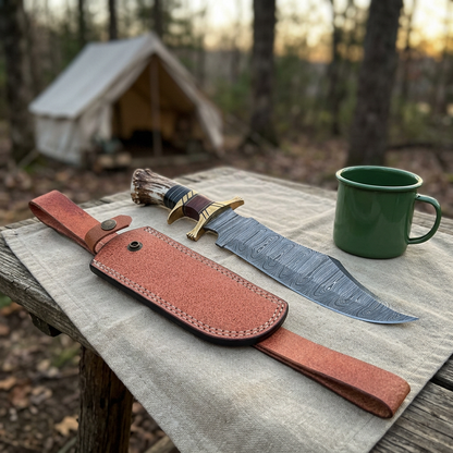 Camping lifestyle display of Bowie knife and leather sheath beside an enamel mug