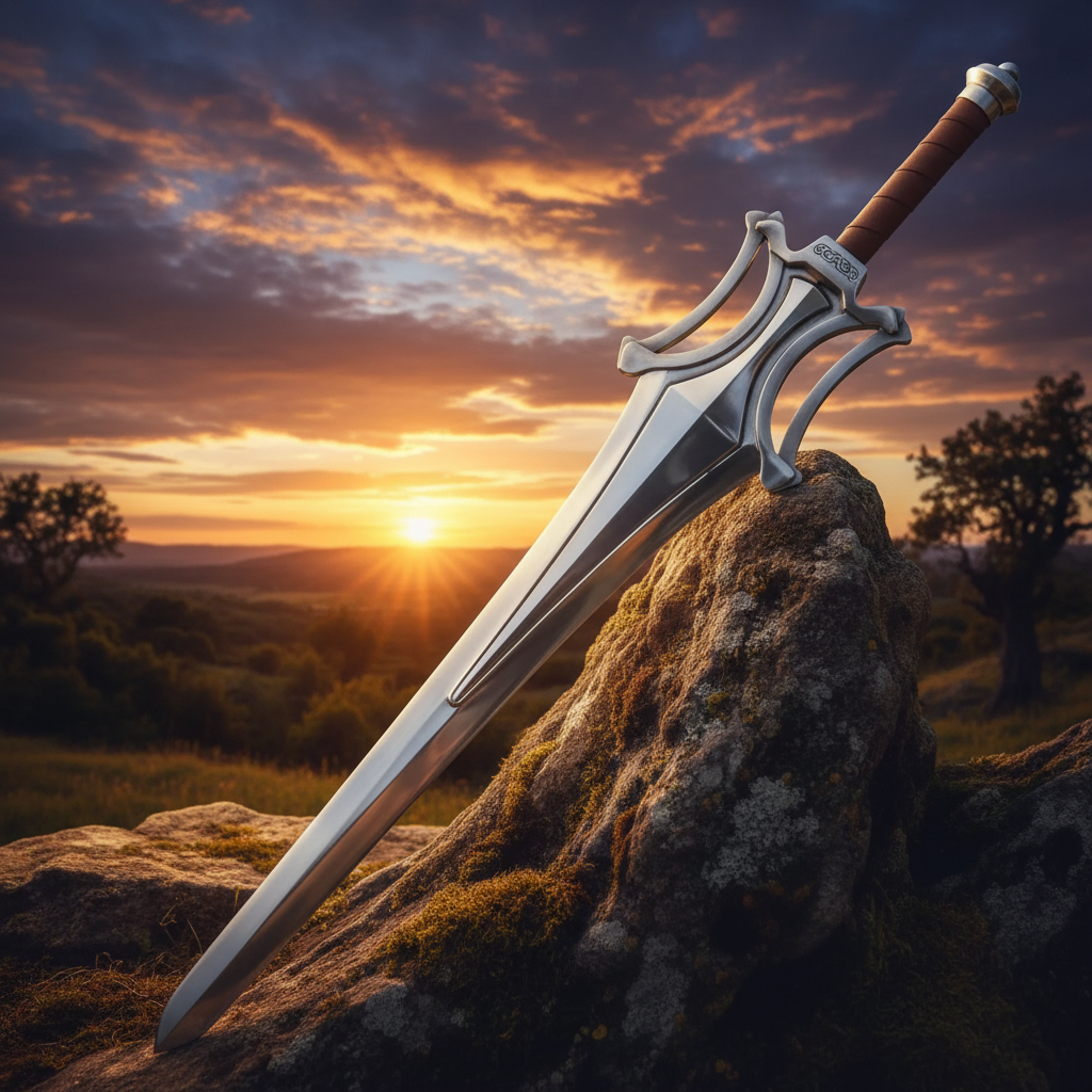 Fantasy medieval broad sword resting against ancient stone in dramatic outdoor golden sunset setting