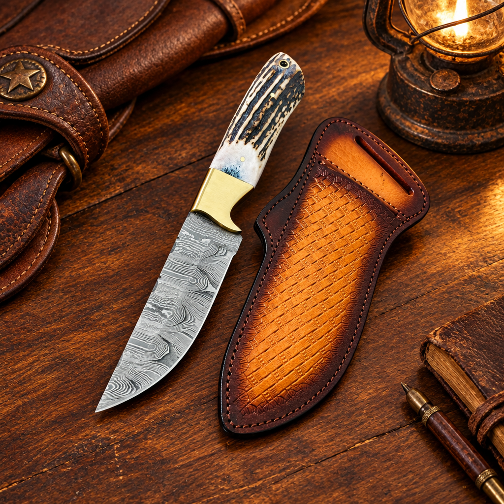 Cowboy Champion Damascus Knife with antler horn handle and leather sheath in a watermark-free western lifestyle setting