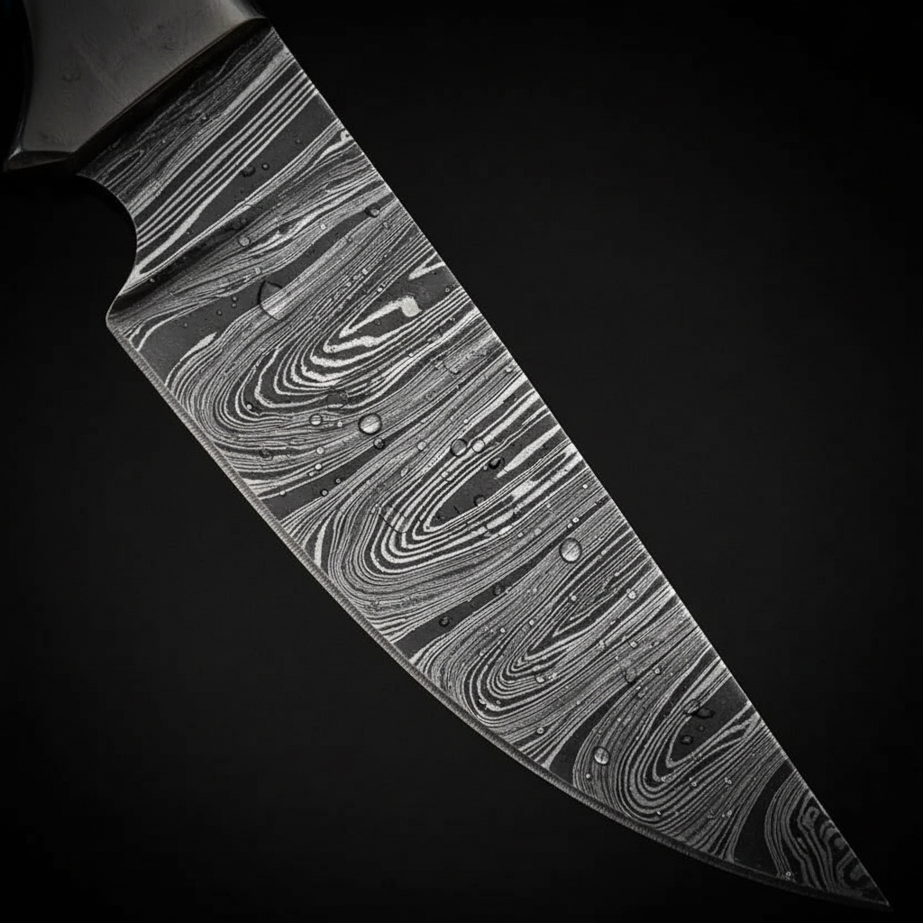 Damascus steel hunting knife blade edge spine wave pattern close-up