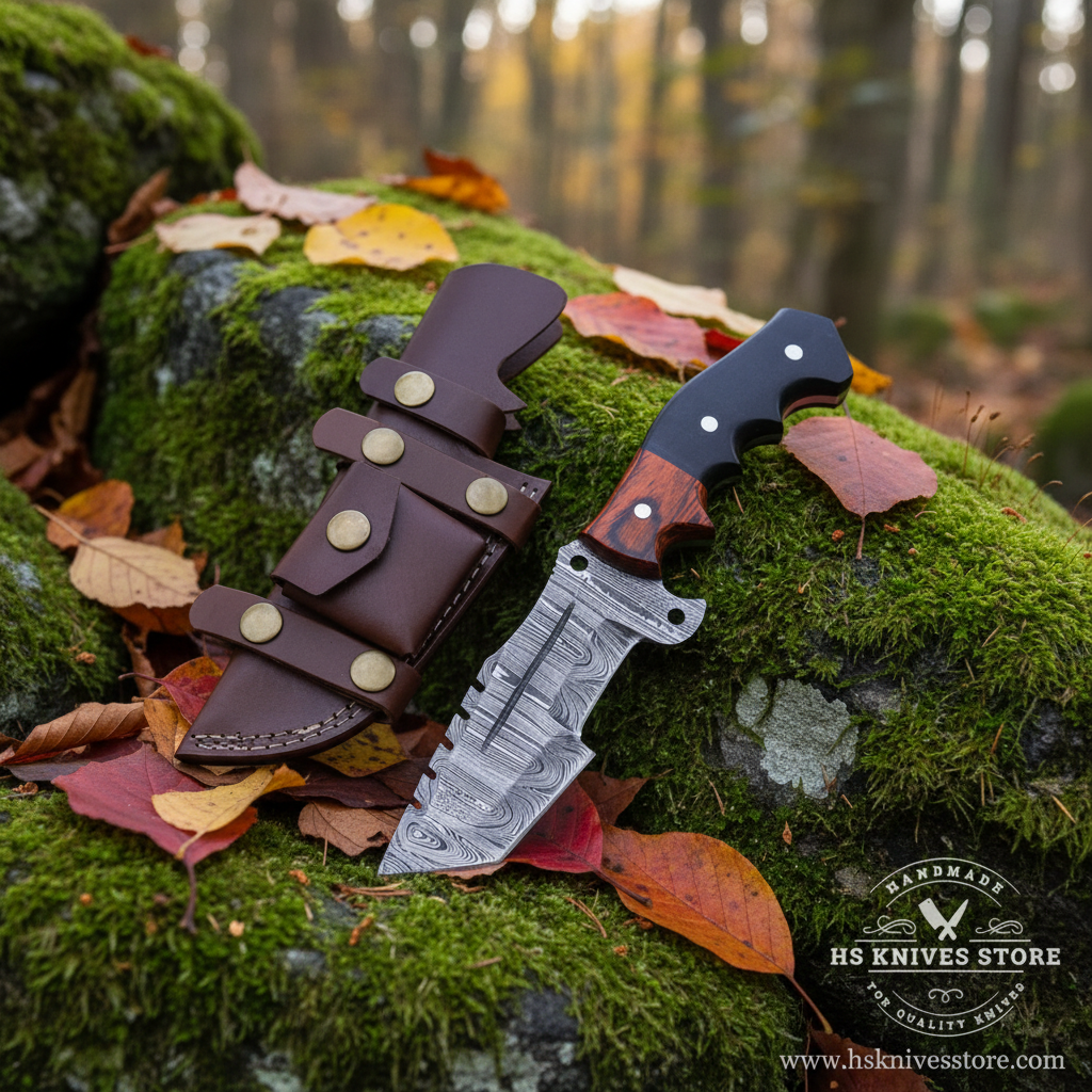 Damascus steel tracker knife two-tone micarta handle resting on mossy rocks in outdoor forest setting with dark brown leather sheath