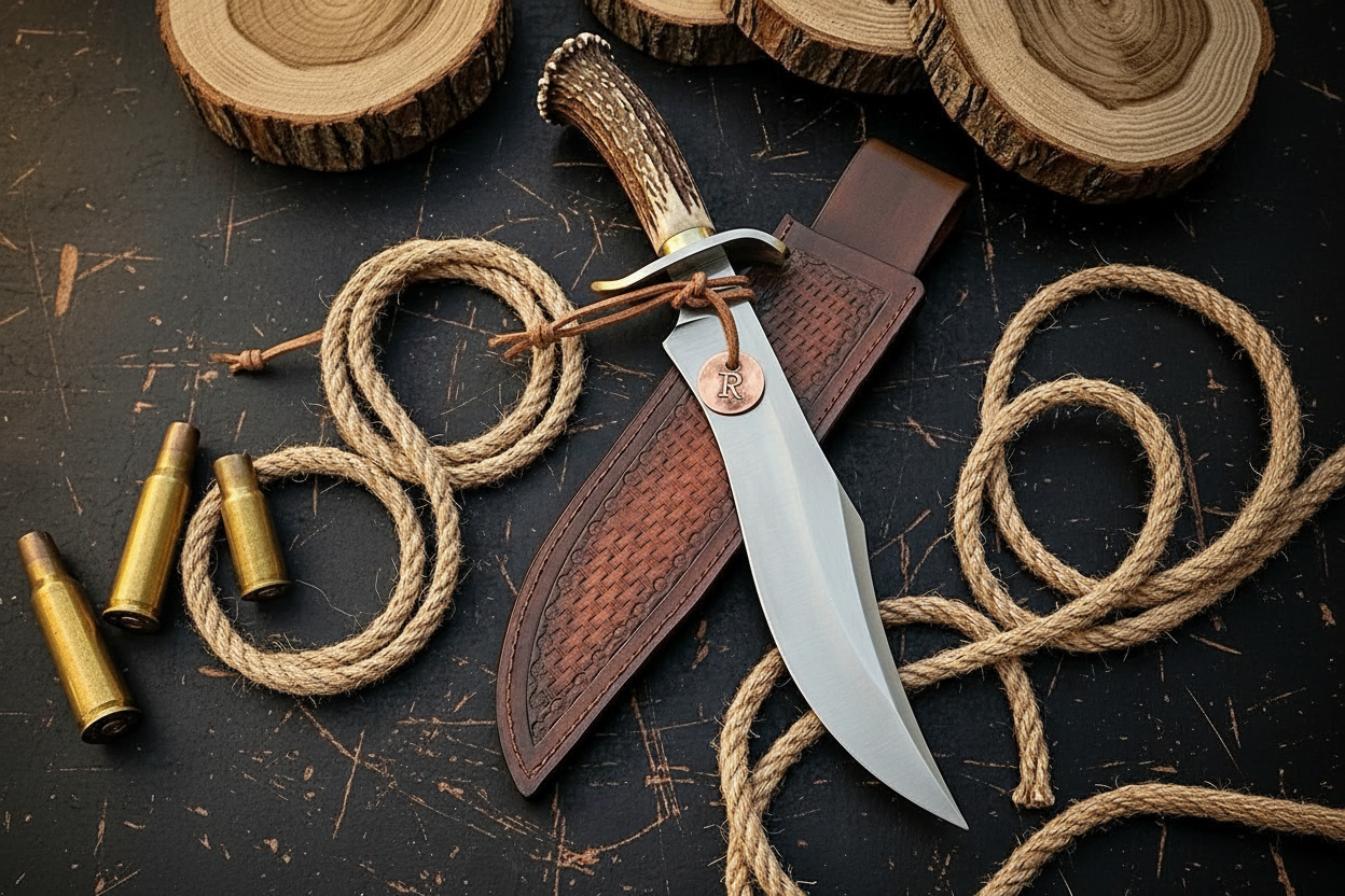 D2 steel Bowie knife flat lay on dark rustic wood with embossed leather sheath and rope accessories