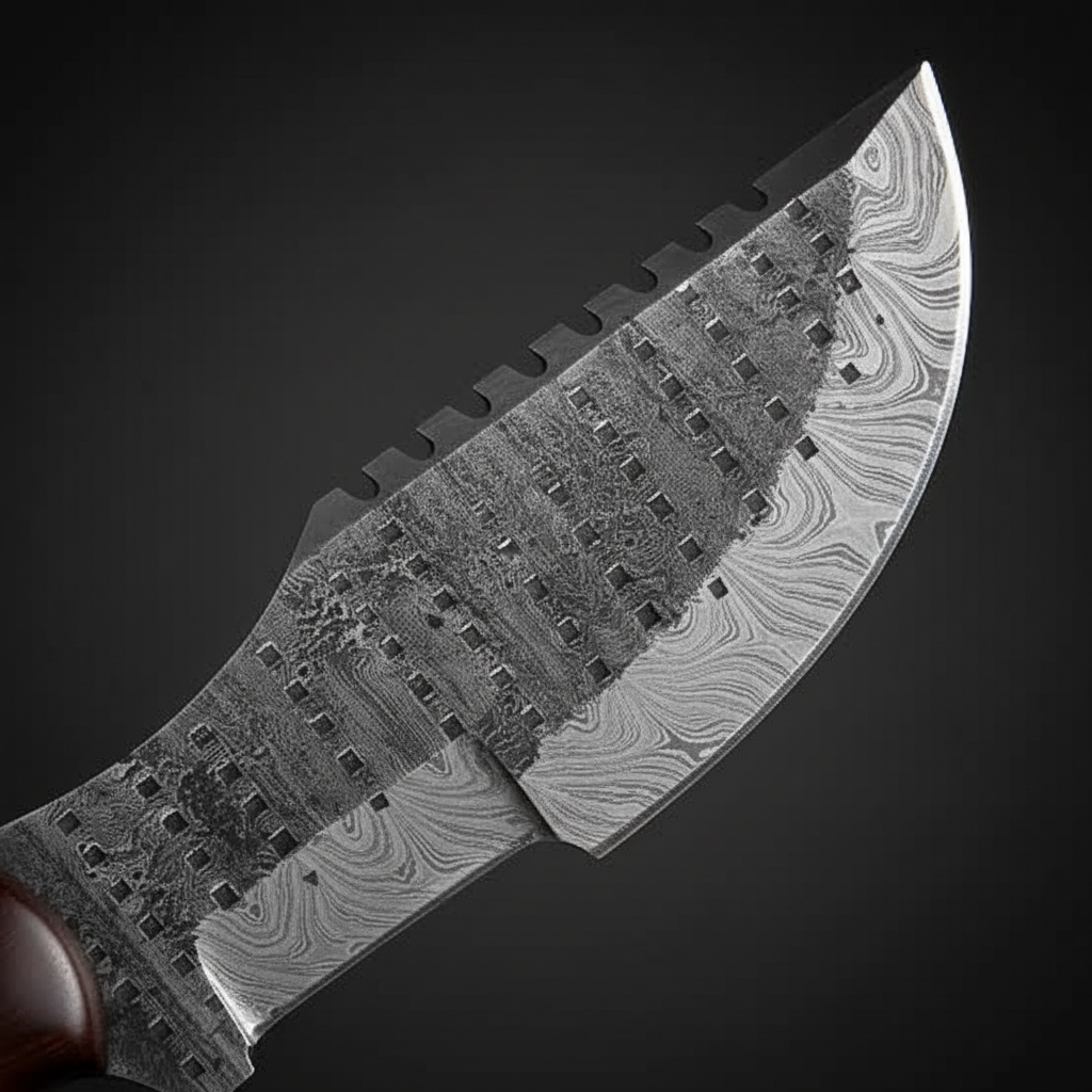 Damascus steel tracker blade close-up showing bold layered pattern and jimping on spine near guard