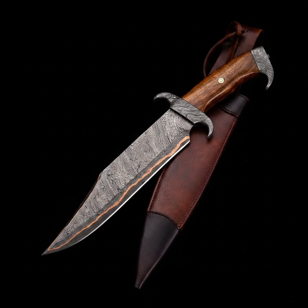 Copper Damascus steel Bowie knife with walnut wood handle on black background dramatic studio lighting