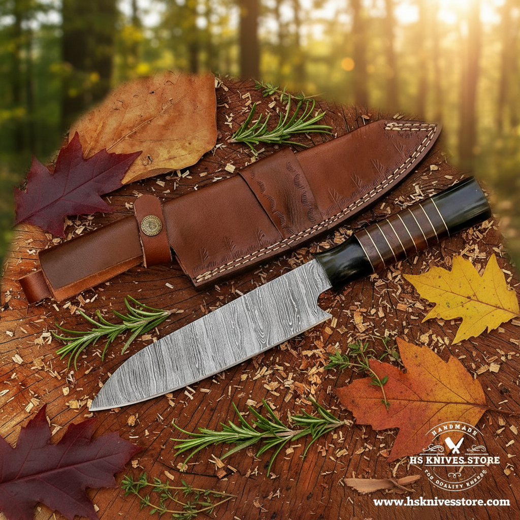 Damascus chef knife with buffalo horn wood handle and leather sheath on rustic wood stump with herbs and forest background