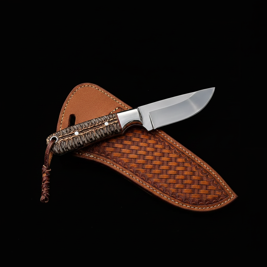 Handmade skinner knife braided cord handle steel bolster black studio shot right facing
