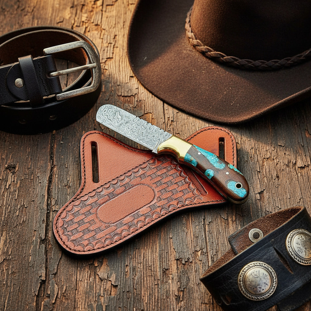 Handmade Damascus bull cutter with wood resin handle in a premium western gift display