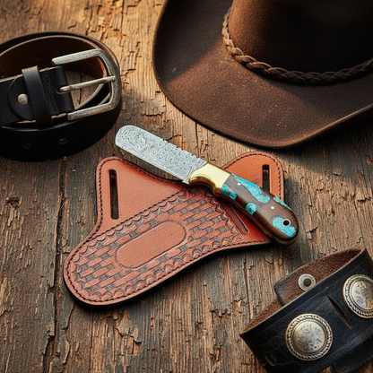 Handmade Damascus bull cutter with wood resin handle in a premium western gift display