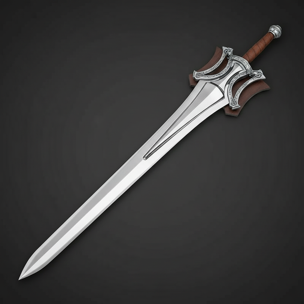 Fantasy medieval broad sword overhead top-down view on dark charcoal background full sword visible