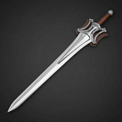 Fantasy medieval broad sword overhead top-down view on dark charcoal background full sword visible