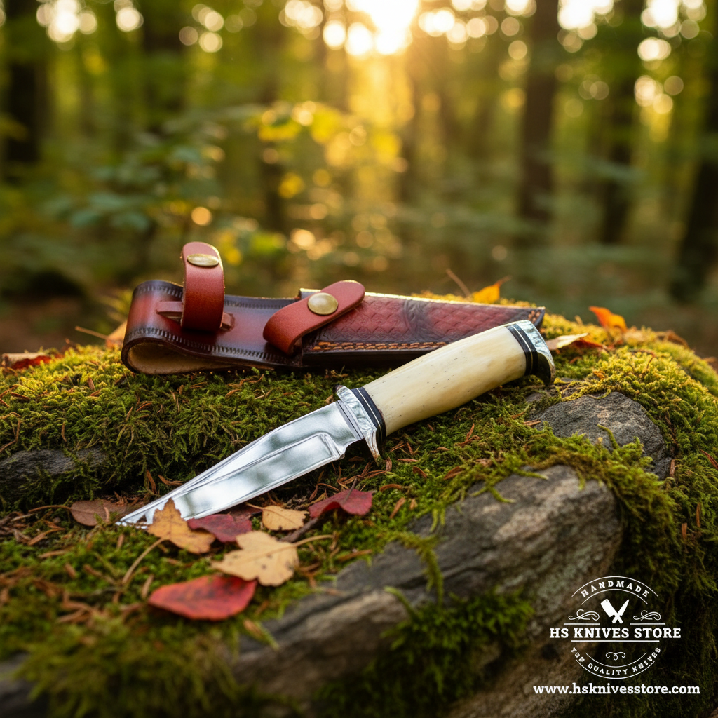 J2 steel hunting knife with bone handle double bolster and dark burgundy leather sheath on mossy rocks in forest setting