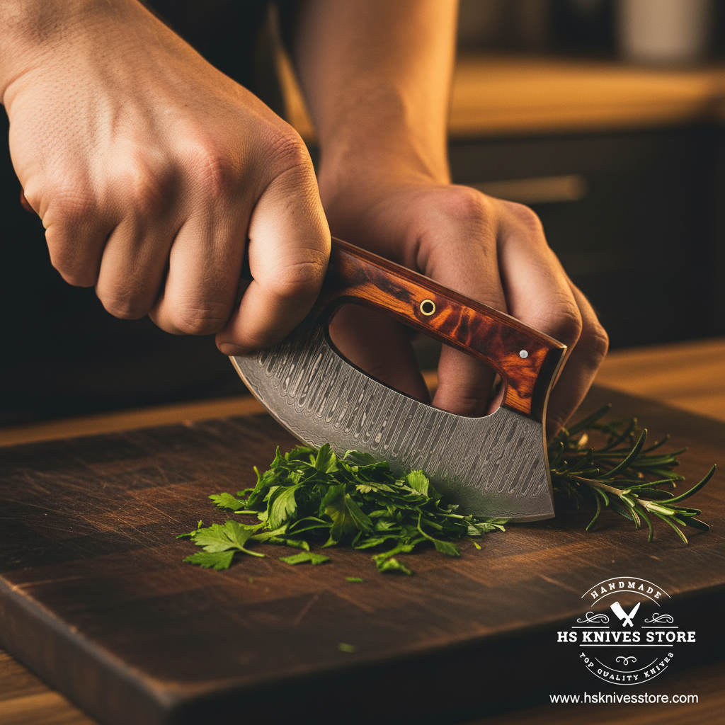 Hands using Damascus steel ulu knife with tortoiseshell resin handle in rocking chopping motion on dark wooden cutting board lifestyle shot