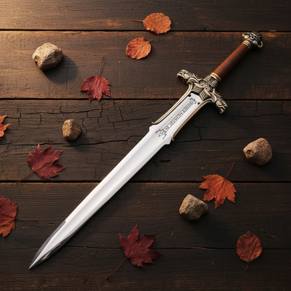 Barbarian broad sword flat lay on rustic dark wood with autumn leaves and stones