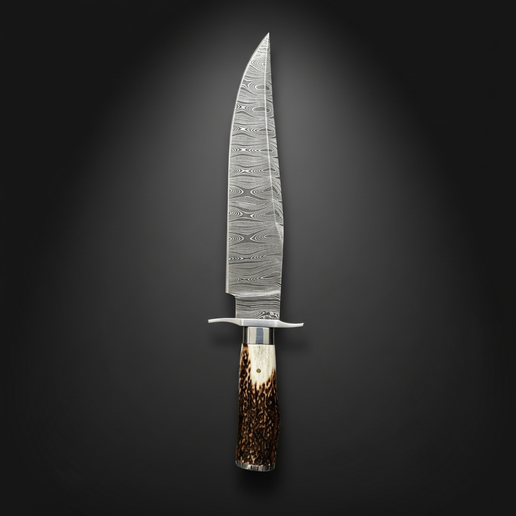 Damascus Bowie knife vertical luxury shot on dark charcoal gray background blade pointing up stag horn handle