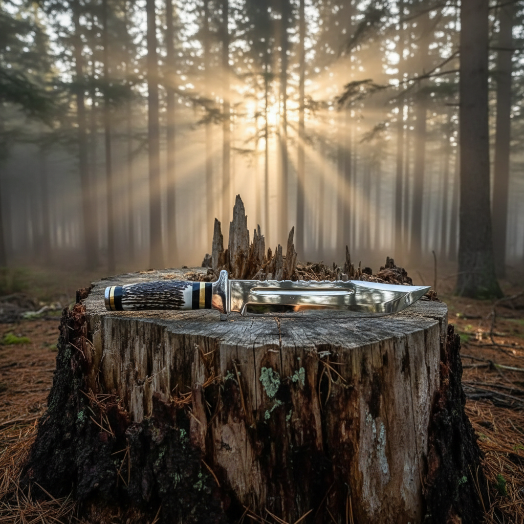 D2 steel Bowie knife with stag antler handle resting on split log stump in misty pine forest at dawn golden morning light
