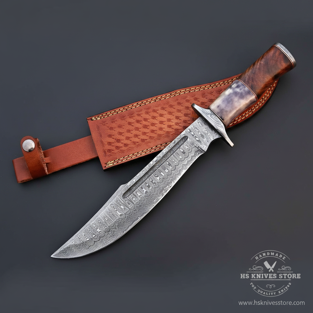 Damascus Bowie knife colored bone rosewood handle basket weave leather sheath dark charcoal studio mirror direction