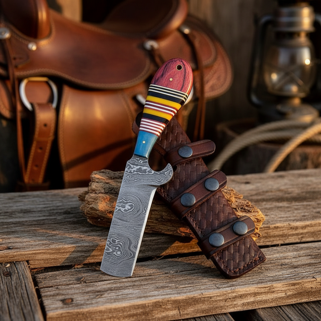 Damascus steel cowboy bull cutter hunting knife on a warm sunset ranch display
