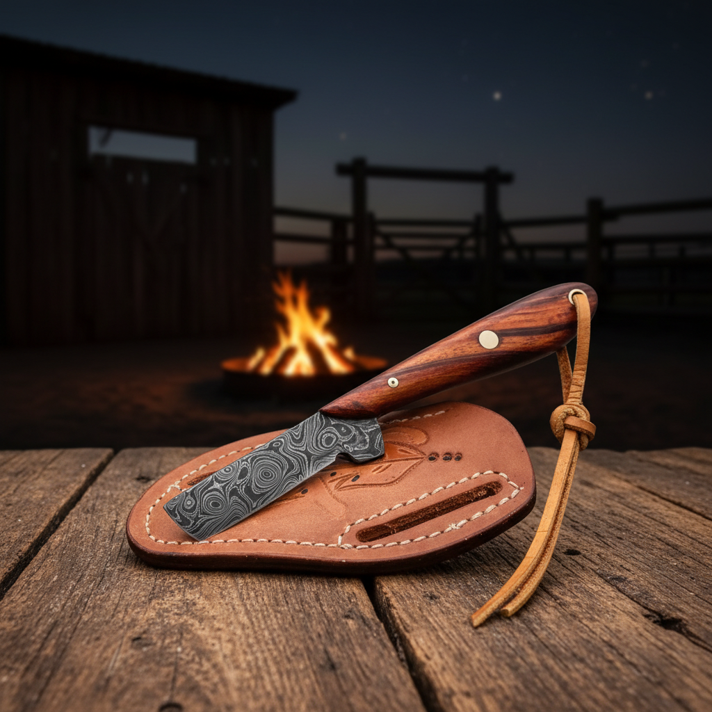 Reverse view of a Damascus steel Bull Cutter Knife and separate pancake belt sheath near a ranch campfire