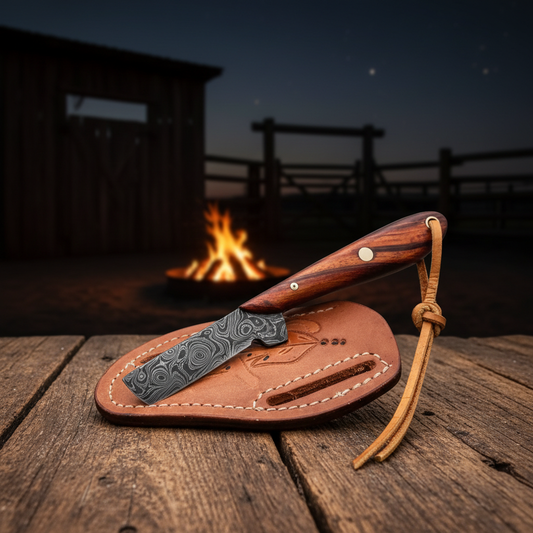 Reverse view of a Damascus steel Bull Cutter Knife and separate pancake belt sheath near a ranch campfire