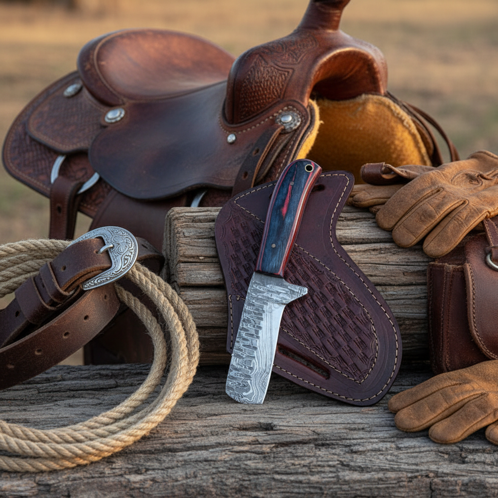 Damascus cowboy knife with Pakka wood handle and pancake leather sheath beside ranch gear