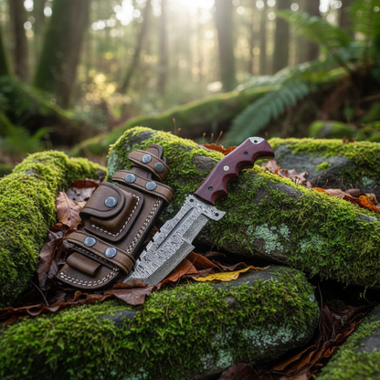 Damascus tracker knife with rosewood handle resting on mossy rocks in outdoor forest setting