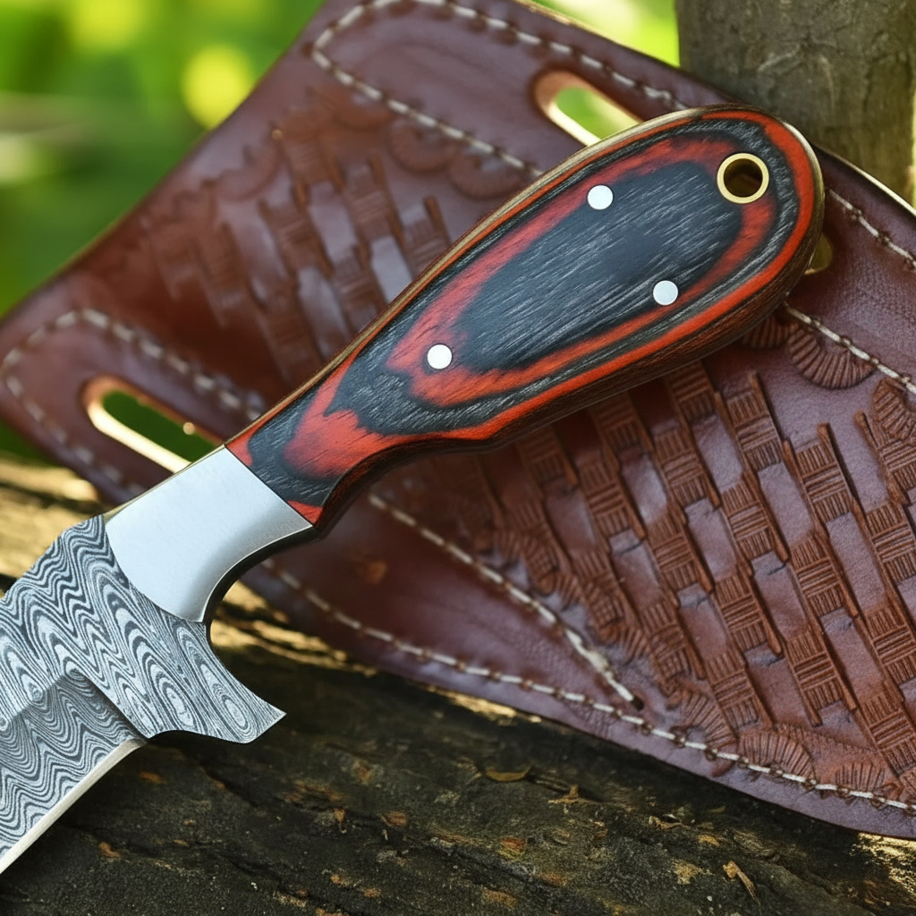 Close-up of the natural hardwood handle on a handmade Damascus bull cutter knife