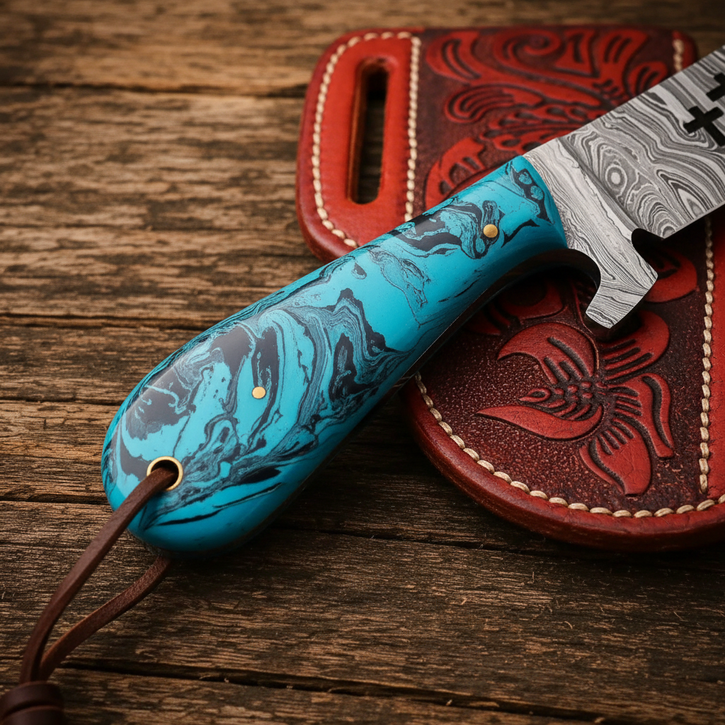 Close-up of the blue epoxy resin handle on a full tang Damascus Bull Cutter Knife