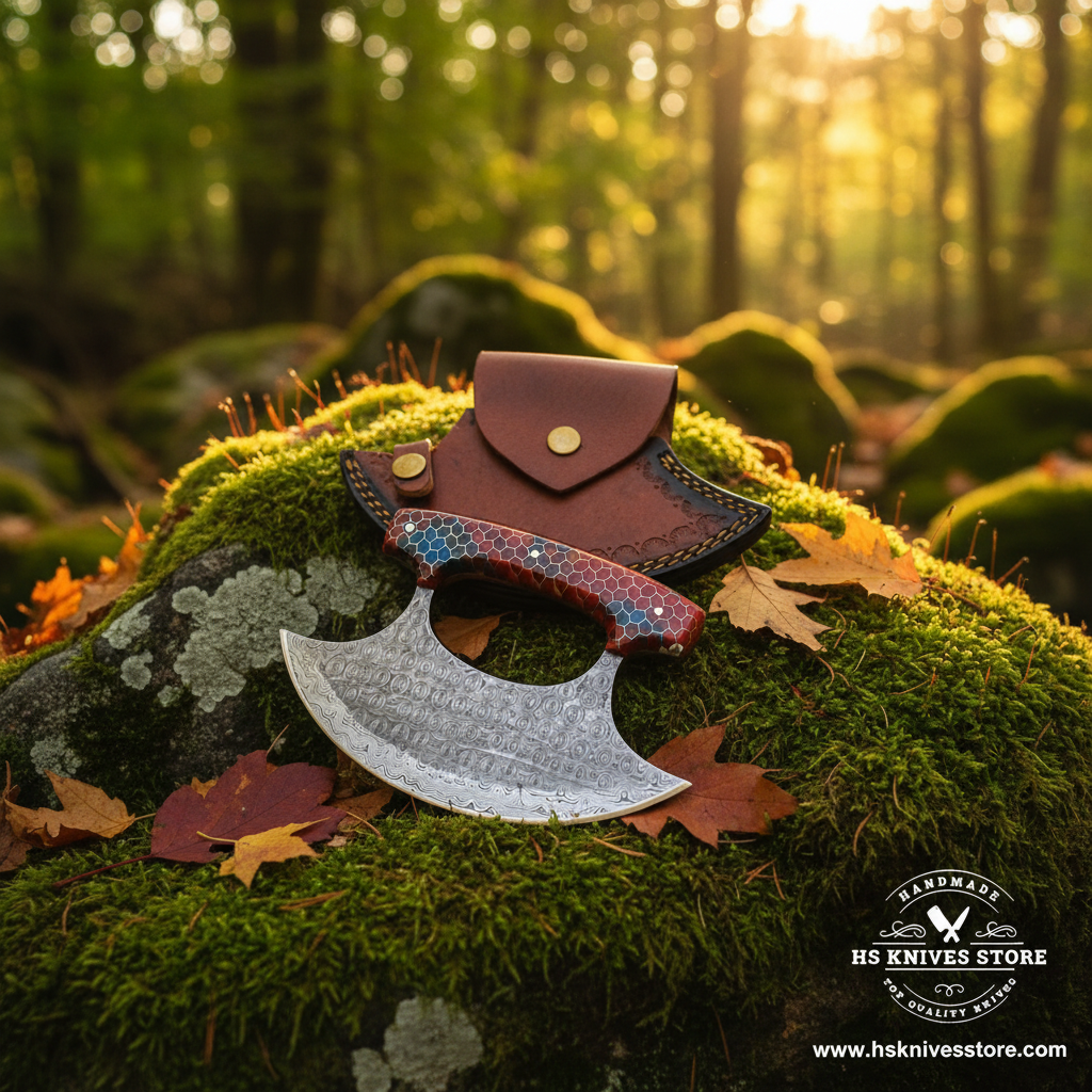 Damascus steel ulu knife with honeycomb resin handle and crescent leather sheath on mossy rocks in forest setting