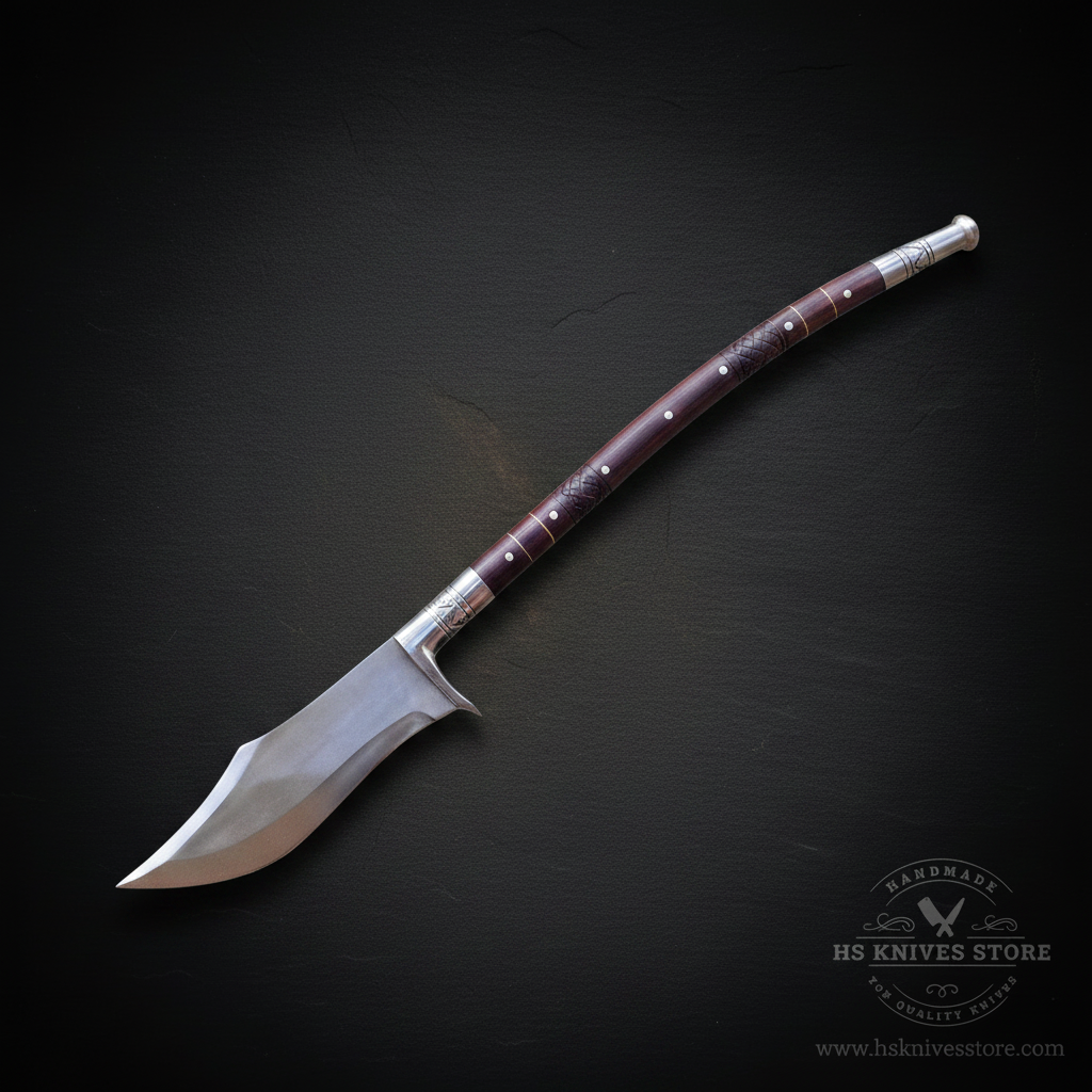Single fantasy spear collector piece with broad steel head and curved rosewood shaft on dark charcoal background