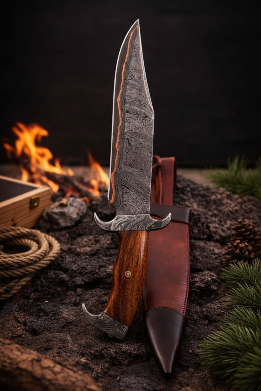 Copper Damascus Bowie knife vertical display on dark slate stone blade pointing up luxury collector photography warm copper tones