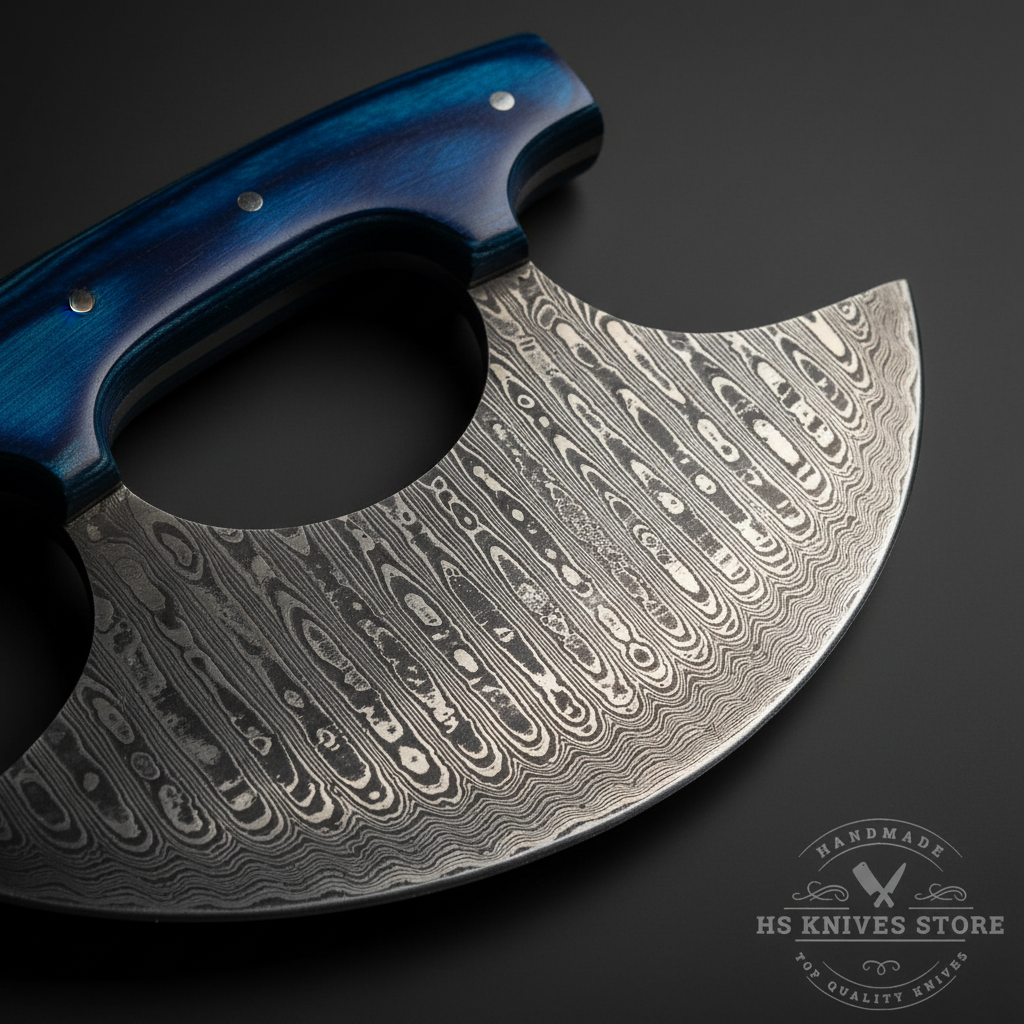 Macro close-up of Damascus steel ulu knife wide crescent blade showing bold wavy flowing pattern and open thumb hole
