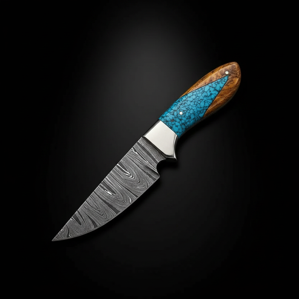 Damascus hunting knife turquoise blue resin handle black background studio shot