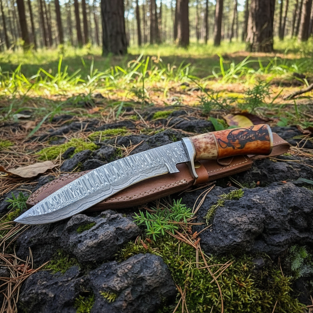 Damascus Bowie knife colored bone engraved stag handle on mossy rocks outdoor hunting setting