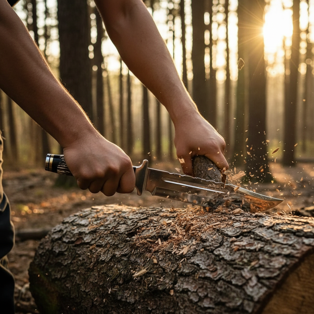 Rugged hands using D2 steel Bowie knife with stag antler handle to split wood outdoors wood chips flying forest golden light action