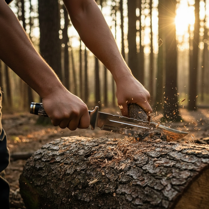 Rugged hands using D2 steel Bowie knife with stag antler handle to split wood outdoors wood chips flying forest golden light action