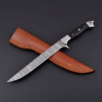 Damascus steel fillet knife with black micarta handle and brown leather sheath, mirror studio shot left facing