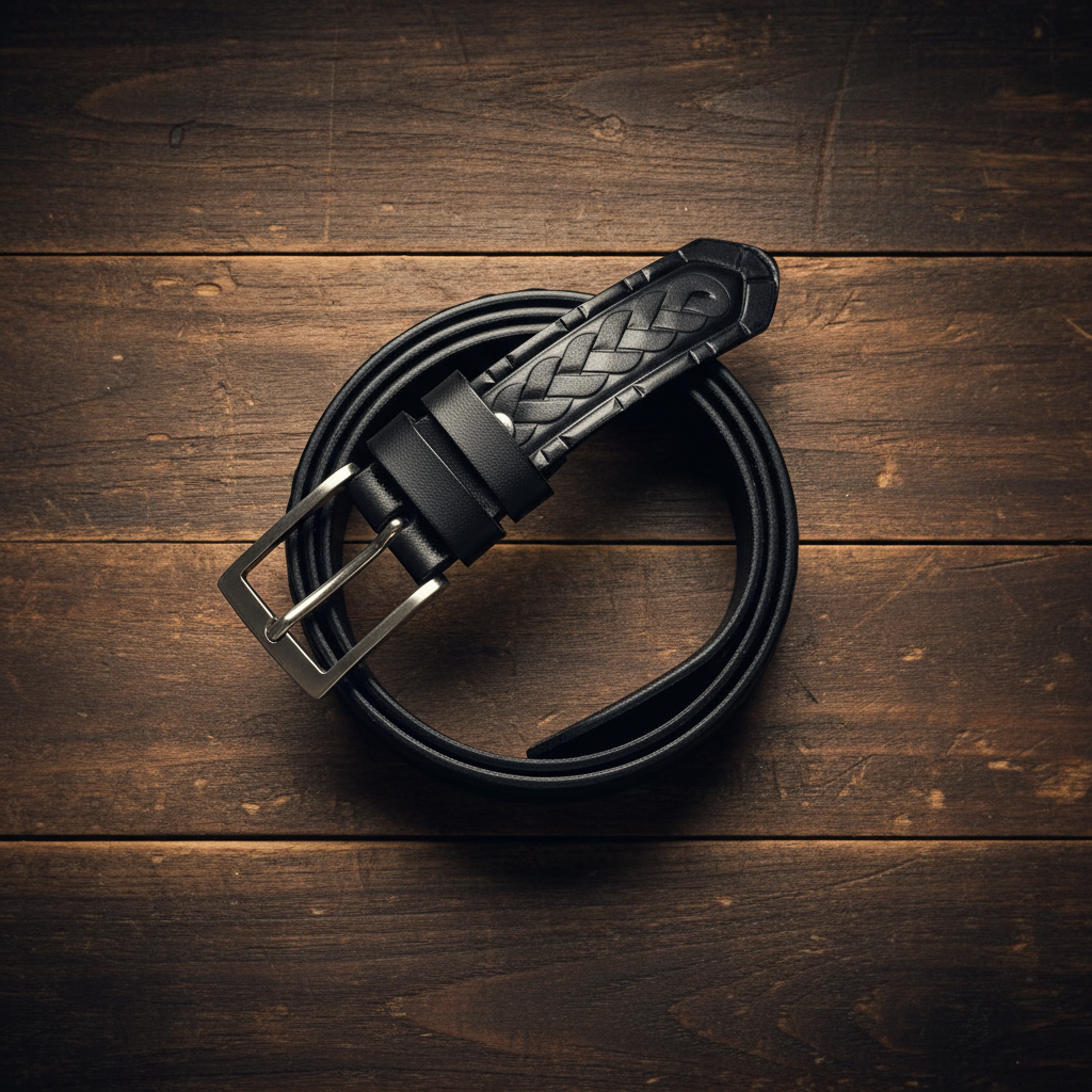 Hand-tooled black leather western belt flat lay rustic wood surface braided woven pattern