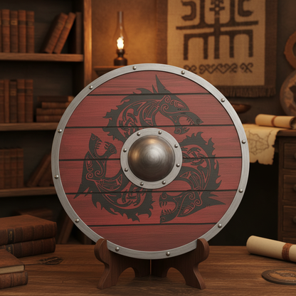 Red plank Viking shield with silver rim and dark Norse artwork displayed on a wooden stand in a themed room