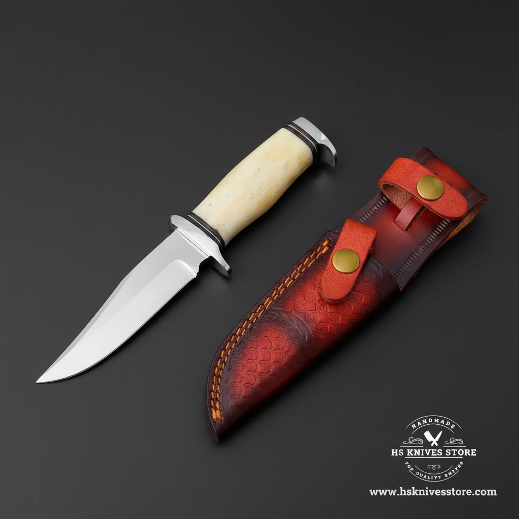 J2 steel hunting knife with bone handle double chrome bolster and burgundy leather sheath mirror view on dark charcoal background