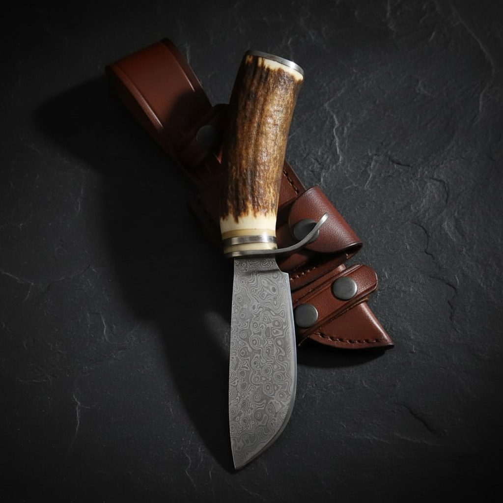 Damascus steel hunting knife with stag antler handle vertical luxury shot on dark charcoal slate background blade pointing up