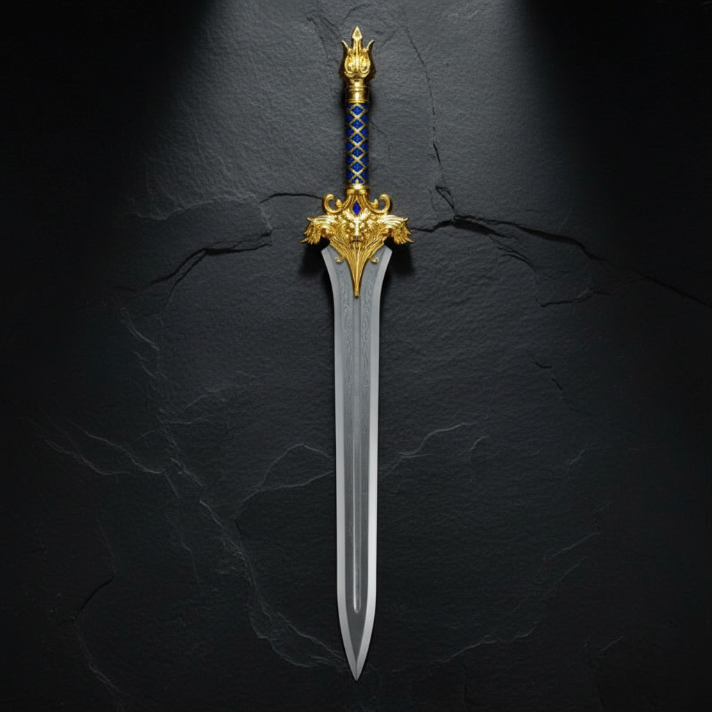 Vertical luxury shot of royal gold guard broad sword on dark slate background blade pointing up
