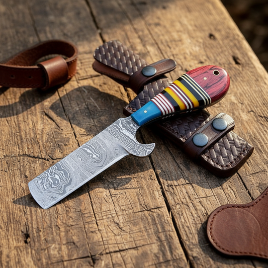 Damascus steel cowboy bull cutter hunting knife on a rustic Western ranch workbench