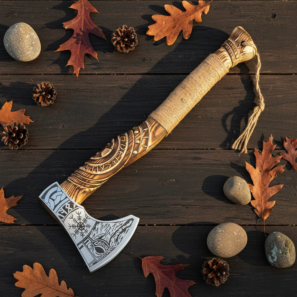 Norse engraved Viking axe flat lay on rustic dark wood with autumn leaves and pine cones
