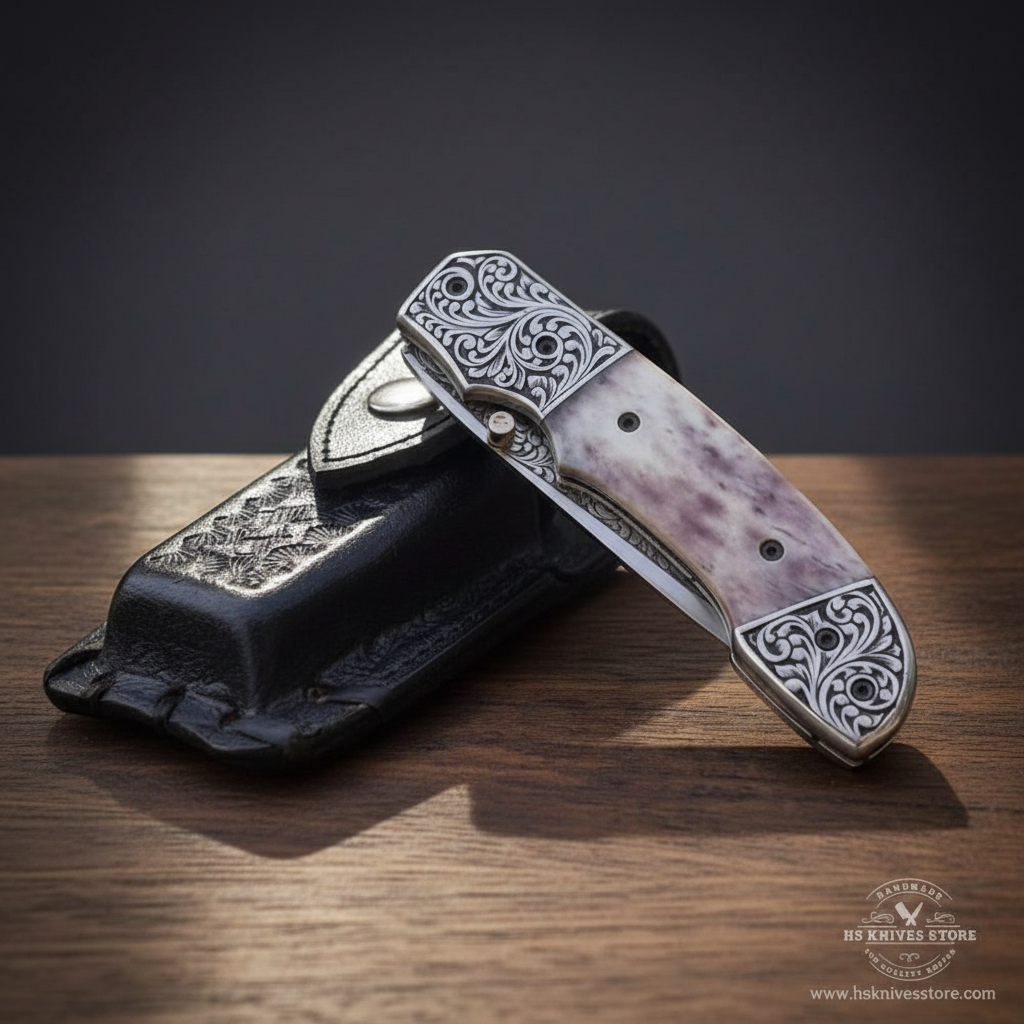 Camel bone handle folding knife closed showing full handle floral engraved bolsters and black leather sheath dark charcoal studio